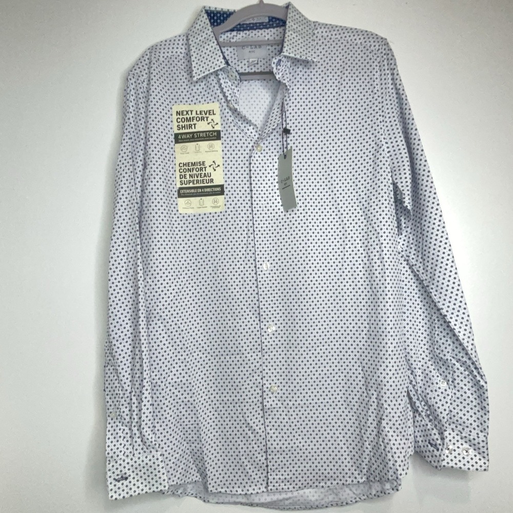 C-LAB Men 15.5 33-34 M White Geometric Slim Fit 4-Way Stretch Shirt NWT